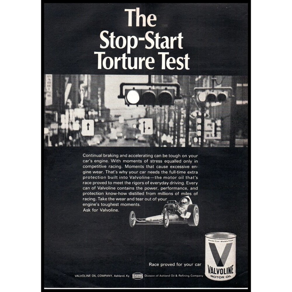 1968 Valvoline Motor Oil Vintage Print Ad Downtown Stop Red Light Wall Art Photo